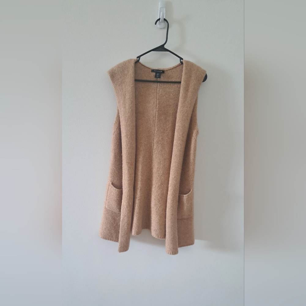 TAHARI Long Cardigan Hooded Vest  Wool Blend Tan Size S